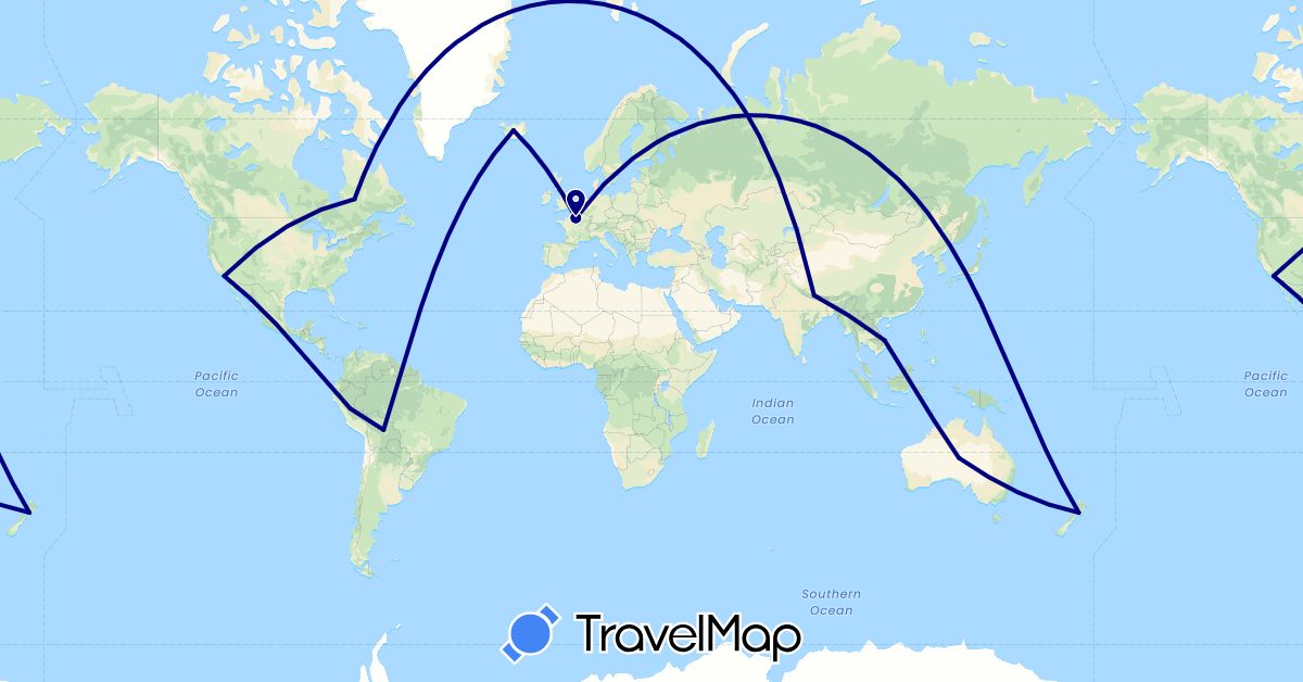 TravelMap itinerary: driving in Australia, Bolivia, Canada, France, Iceland, Nepal, New Zealand, Peru, United States, Vietnam (Asia, Europe, North America, Oceania, South America)